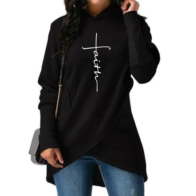 Autumn Hoodies Sweatshirts Women Long Sleeve Faith Embroidery Warm