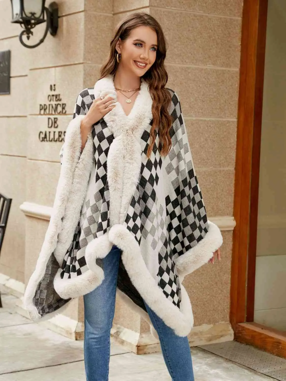 Checkered Faux Fur Trim Poncho