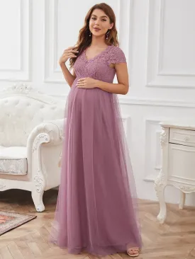 Elegant  V-neck A-Line Floor-Length Bump Friendly Dresses