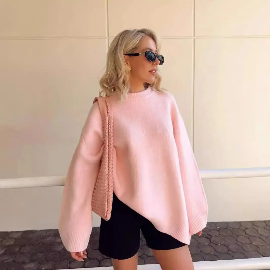 European And American Style Pink Crew Neck Pullover Sweater