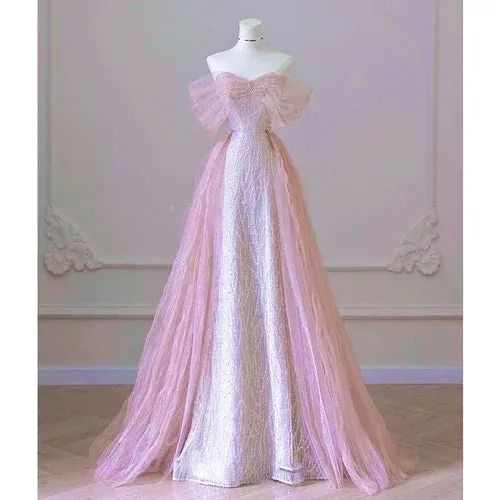 Girlary Elegant Boat Neck Pink Formal Pearl Evening Dress 2024 Sweet Bow Quinceanera Dress Beading Banquet Party Dresses Vestidos