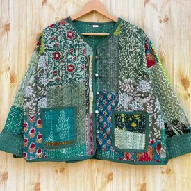 Green Reversible Handmade Quilted Kantha Jacket