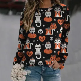 Halloween Crew Neck Sweatshirt Long Sleeve Ladies Printed T-shirt