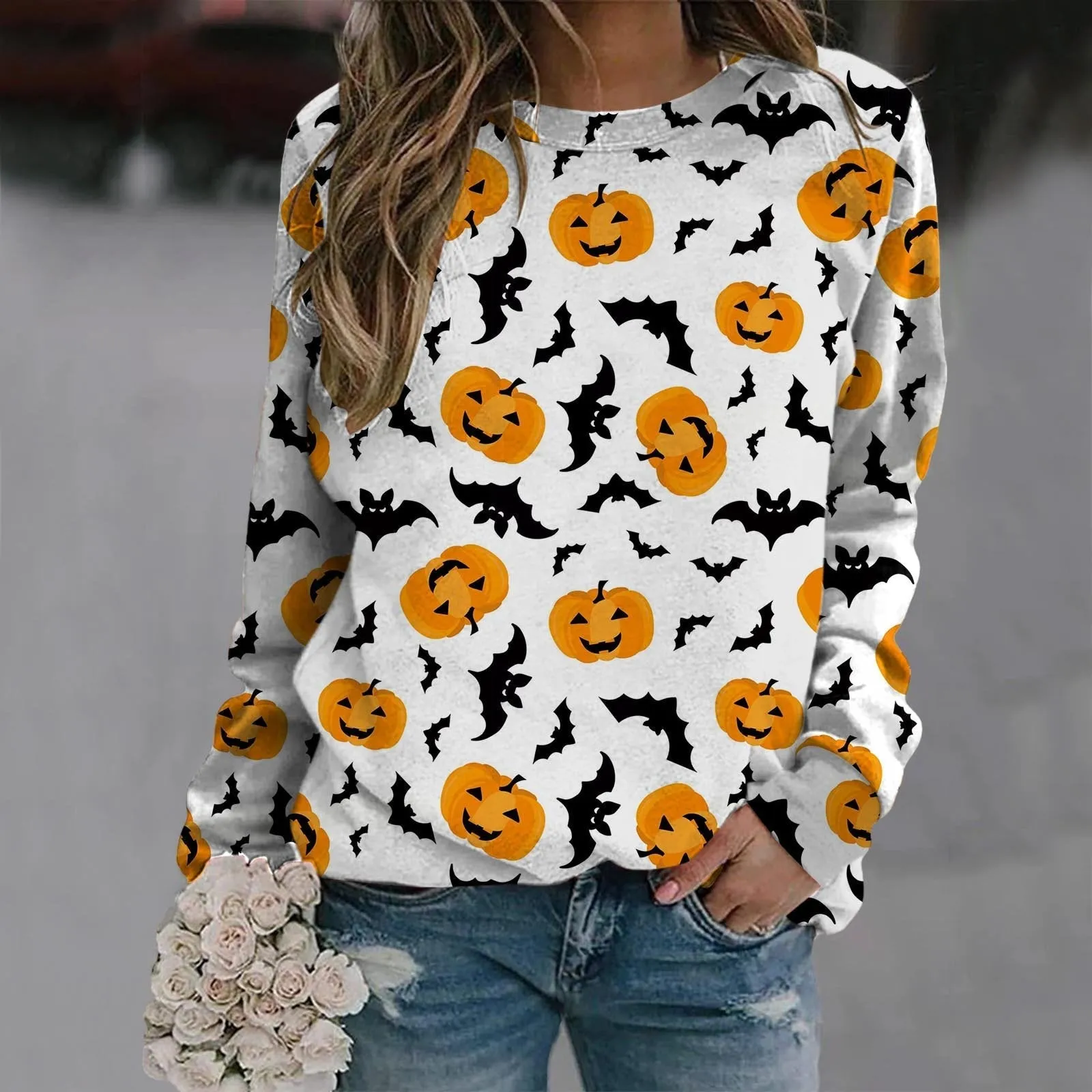 Halloween Crew Neck Sweatshirt Long Sleeve Ladies Printed T-shirt