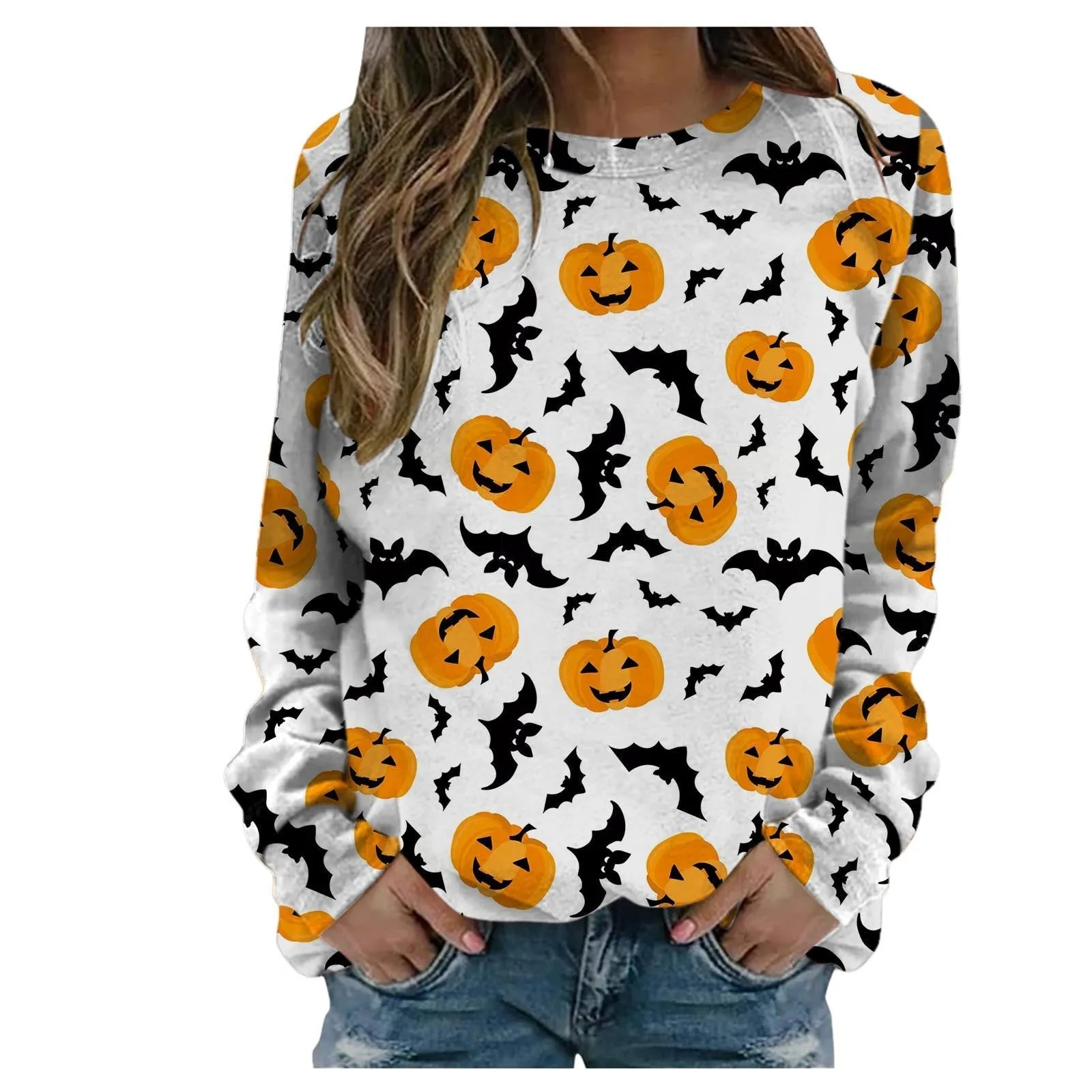 Halloween Crew Neck Sweatshirt Long Sleeve Ladies Printed T-shirt