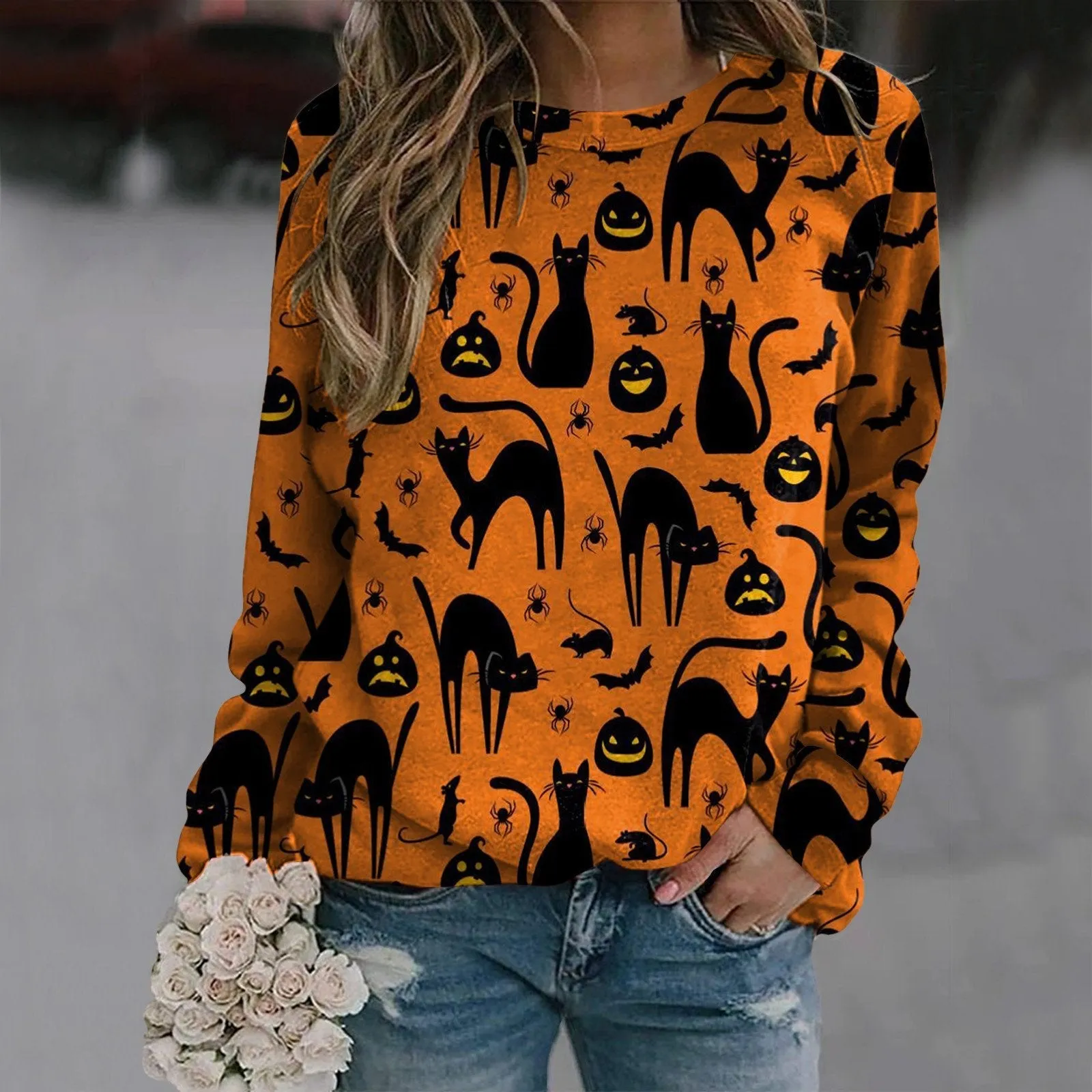 Halloween Crew Neck Sweatshirt Long Sleeve Ladies Printed T-shirt