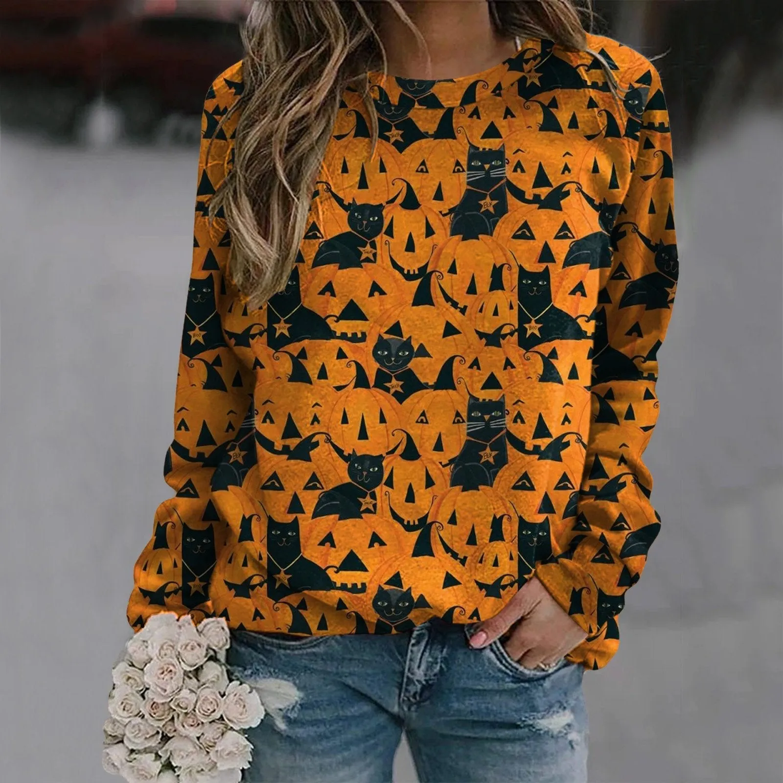 Halloween Crew Neck Sweatshirt Long Sleeve Ladies Printed T-shirt