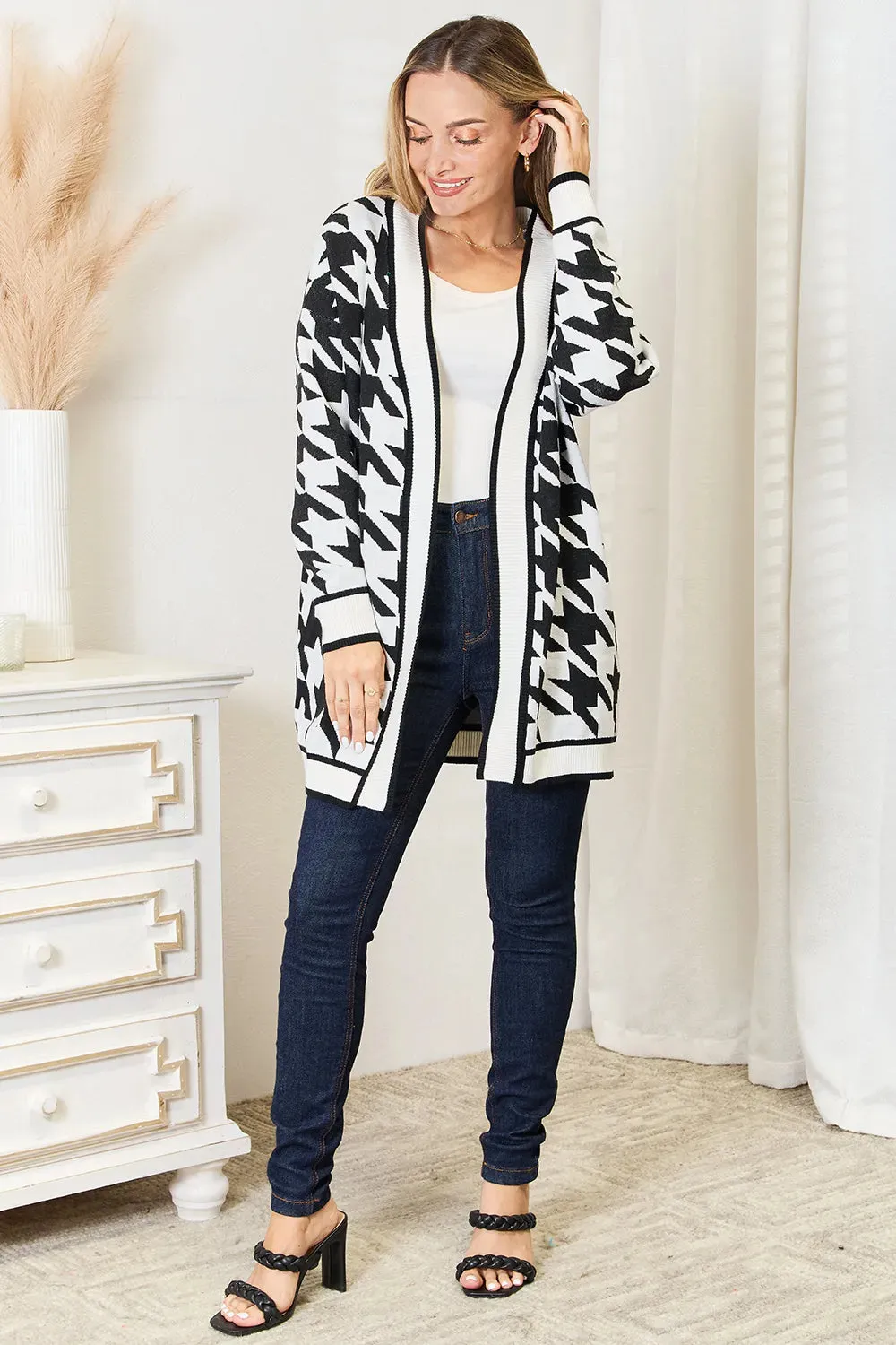 Houndstooth Open Front Longline Cardigan