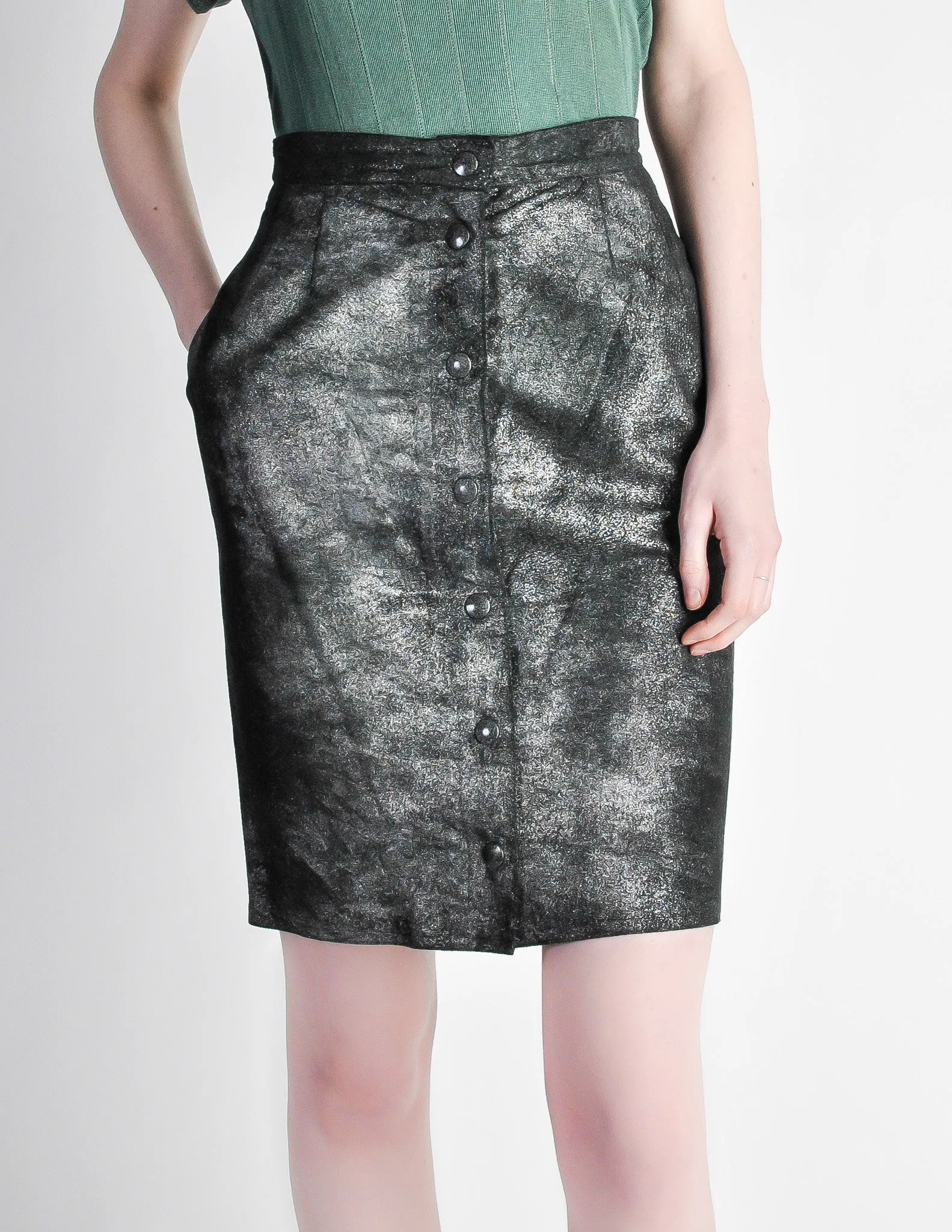 Krizia Vintage Black and Silver Metallic Leather Pencil Skirt