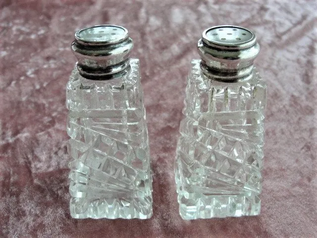 LOVELY Antique Cut Crystal Salt and Pepper Shakers Sterling and Mother of Pearl Tops, Elegant Dining, Wedding Gift, House Warming Gift