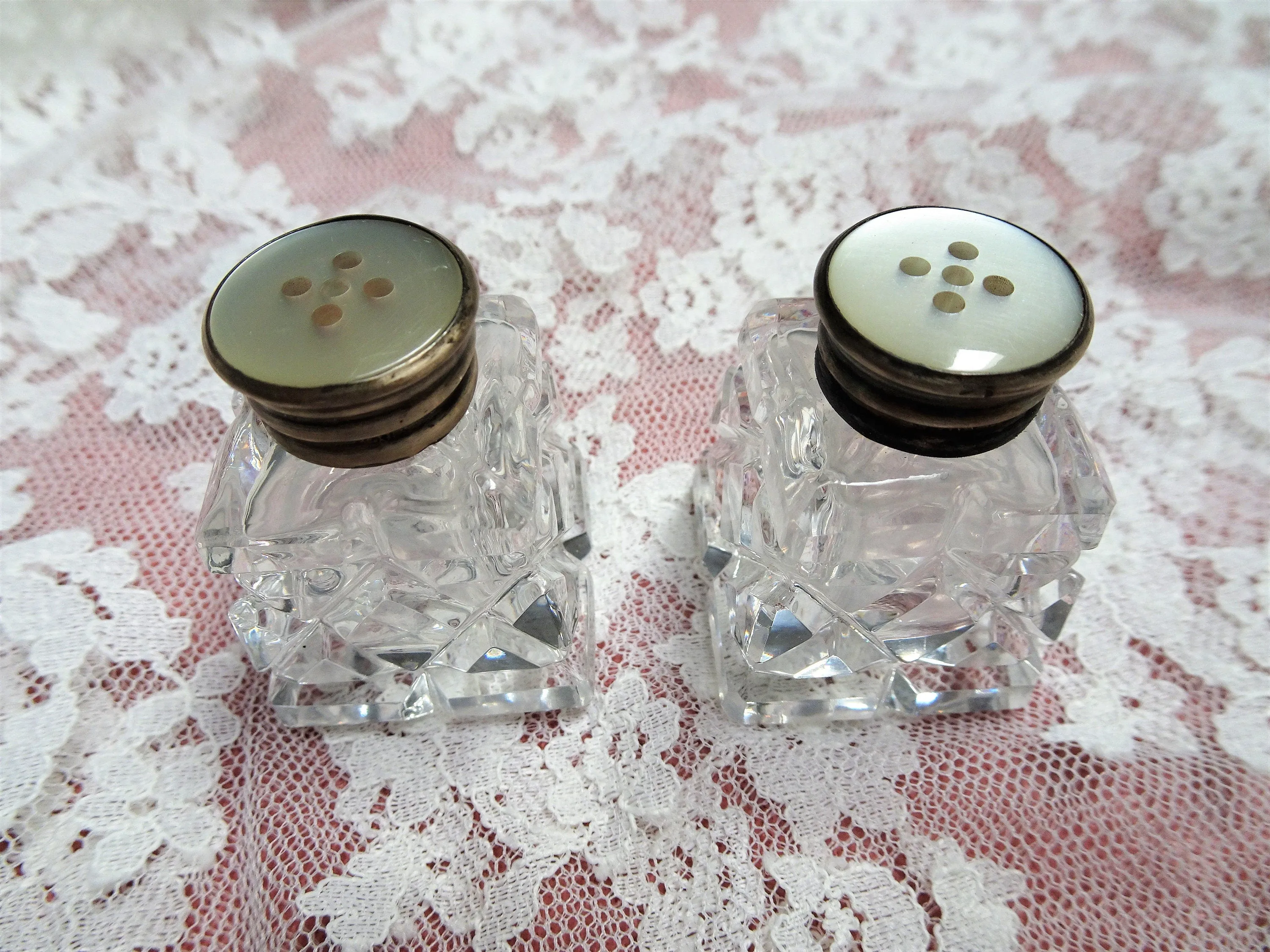 LOVELY Antique Cut Crystal Salt and Pepper Shakers,Silver and Mother of Pearl Tops,Elegant Dining,Wedding Gift,House Warming Gift