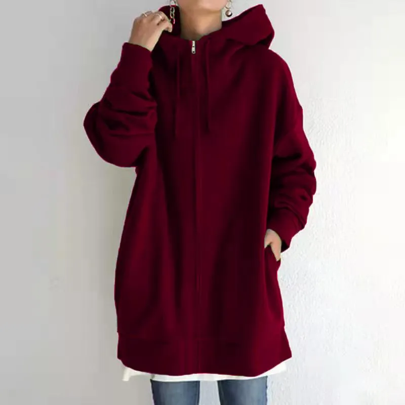 Personalized street sweater zipper hood long plus velvet sweater