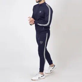 Two Stripes Navy Poly Fleece Mock Neck Tracksuit