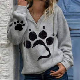 Women's printed cat paw casual long-sleeved pullover loose fall/winter fleece hooded sweater