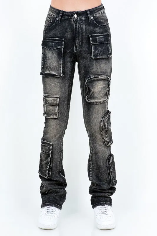 Zipper Pocket Washed Stacked Jeans